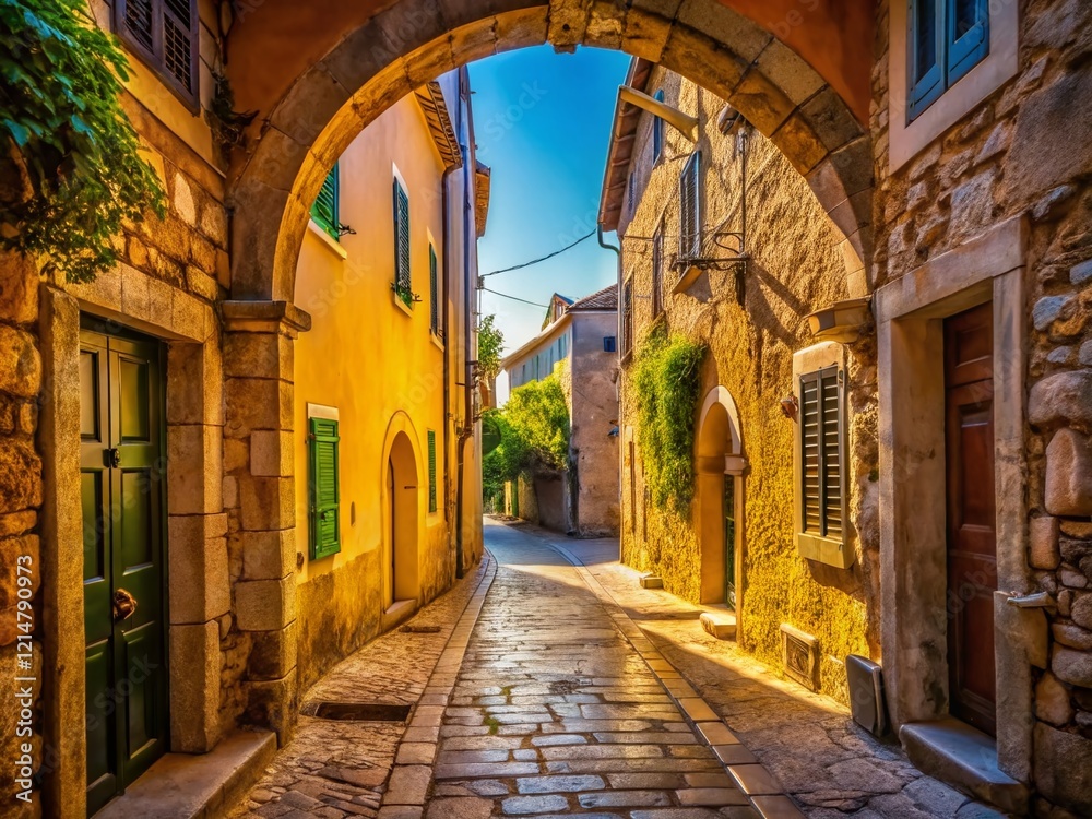 Fototapeta premium Charming Archway in Krk Old Town, Croatia - Narrow Street Scene