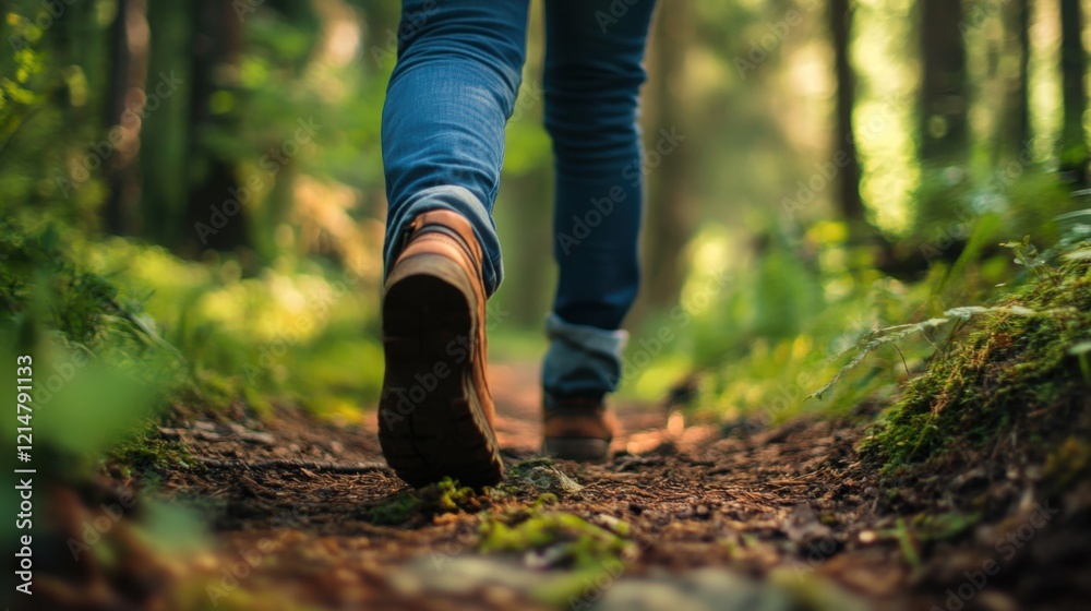 A person walking on a forest trail surrounded by greenery. A person walking on a forest trail surrounded by greenery.