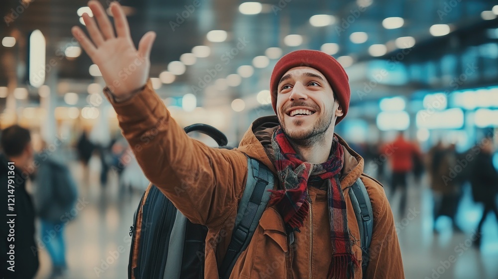 A man in casual clothing waving goodbye to a loved one at the airport, with a friendly and emotional expression A man in casual clothing waving goodbye to a loved one at the airport, with a friendly and emotional expression