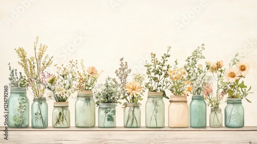 A beautiful arrangement of various wildflowers in vintage jars, showcasing the charm of nature and rustic decor for home or event styling.