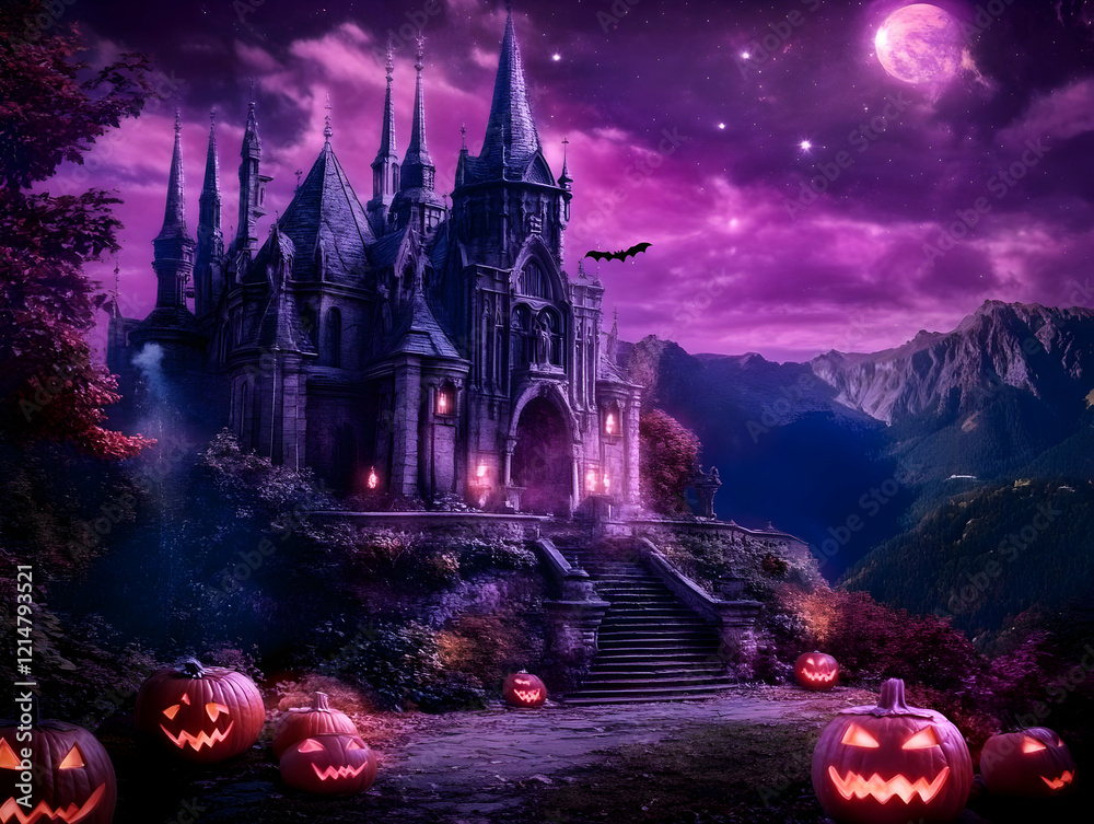 Fototapeta premium Gothic Castle Stands on Hilltop Under Purple Night Sky with Jack-o'-lanterns