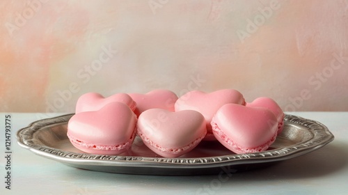 Seven pink heart-shaped macarons on an ornate silver plate on a light surface photo