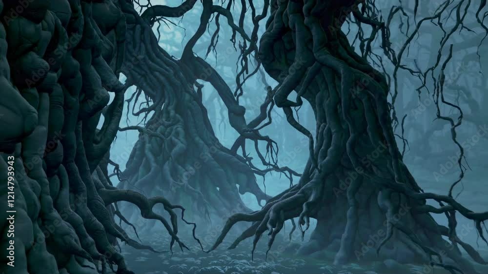 Spooky forest with eerie hand-like tree roots reaching out Spooky forest with eerie hand-like tree roots reaching out