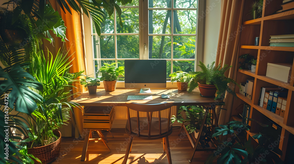 Fototapeta premium Sunlit Home Office with Lush Greenery Creates a Tranquil and Inspiring Workspace by the Window.