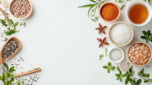 Wallpaper Mural A Collection of Natural Ingredients and Spices Arranged Artistically on a White Background, Perfect for Culinary or Wellness Projects Featuring Herbs, Oils, and Seasonings. Torontodigital.ca