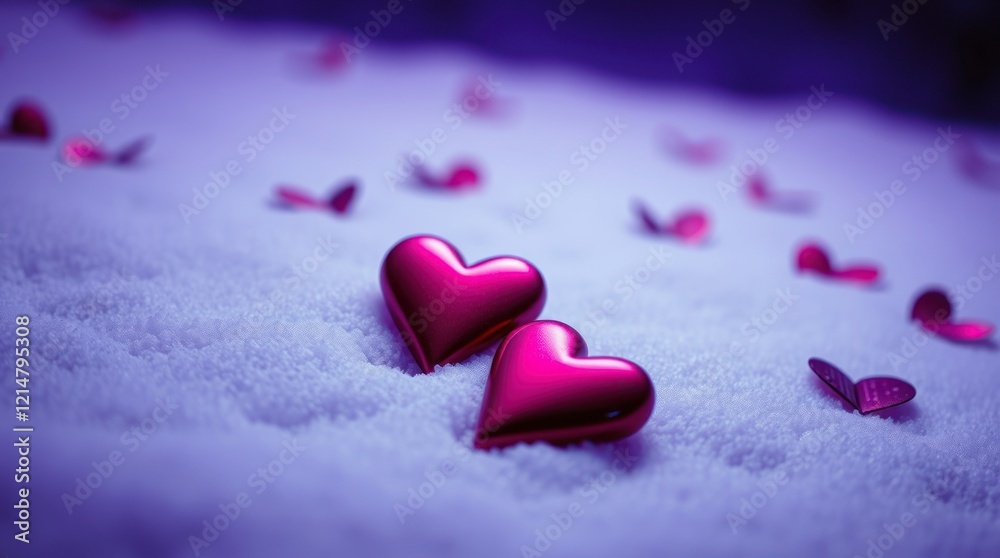 A Happy Valentines Day background showcasing two red hearts on white snow, captured in a deep ultraviolet tight close-up shot with vivid purples, detailed focus, and high contrast, creating a vibrant 