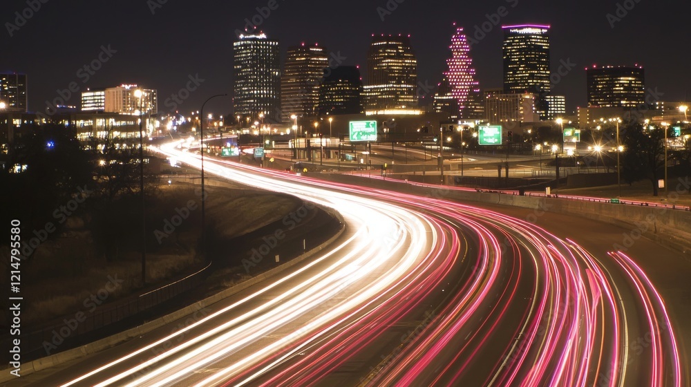 Obraz premium Urban Luminescence: Long-Exposure Traffic Streaks Among Glowing High-Rises Cinematic Image