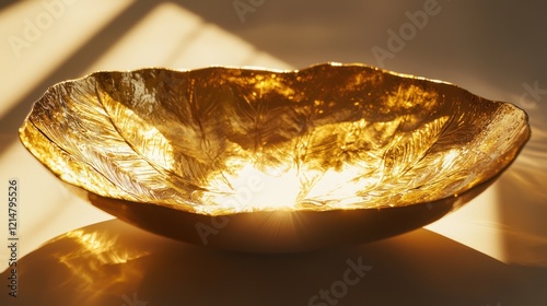 A decorative item with gold leaf accents shining under soft light