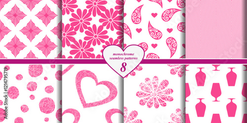 Vector set seamless pink monochrome valentines patterns with hearts on a transparent background. For textiles, wallpaper and packaging.