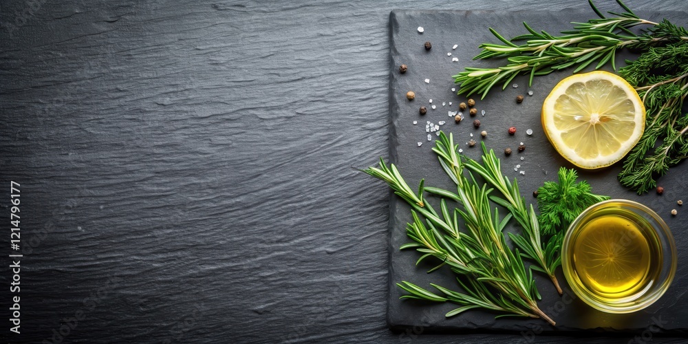 A black slate board with a spread of fresh herbs such as rosemary and thyme, accompanied by slices of lemon, and drizzled with olive oil , presentation, kitchen setup A black slate board with a spread of fresh herbs such as rosemary and thyme, accompanied by slices of lemon, and drizzled with olive oil , presentation, kitchen setup