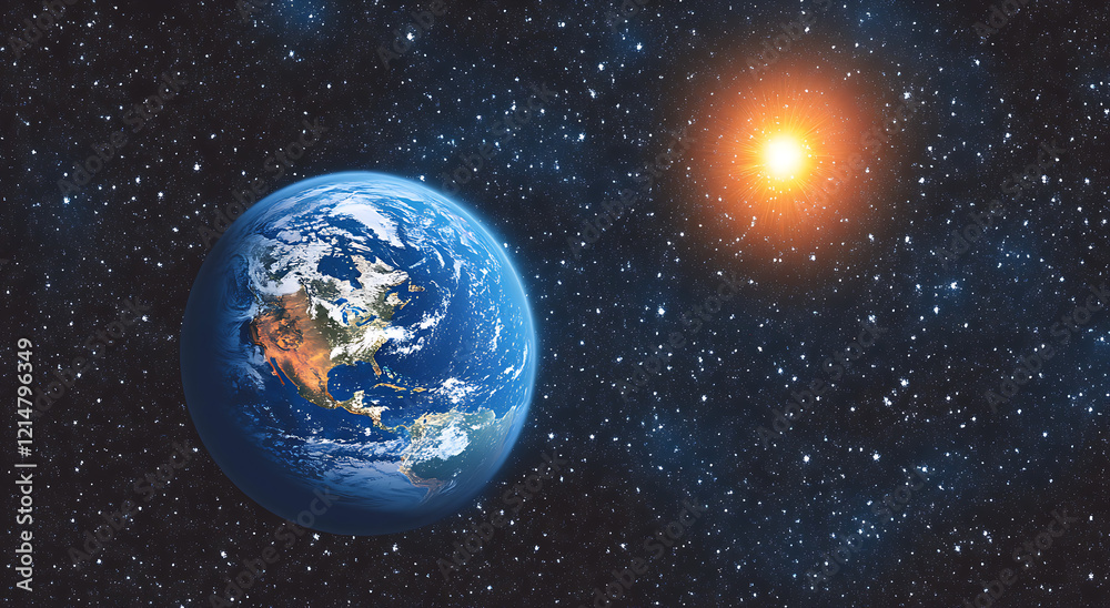 Obraz premium A blue, glowing Earth with a starry sky and the sun in the background, a panoramic view from space.