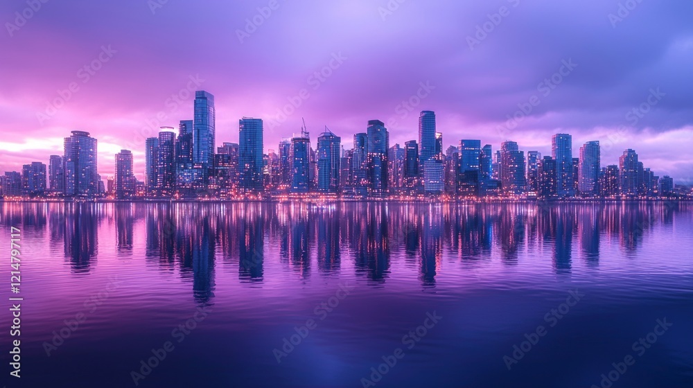 Fototapeta premium Electric Dreams: Futuristic Downtown Skyline Glowing in Vibrant Blues and Purples, Reflecting on Shiny Wet Streets - Ultra-Detailed Cinematic Image