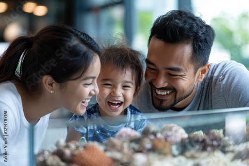 A joyful family bonding at an aquarium, capturing the pure essence of happiness and togetherness as they explore the wonders of aquatic life through shared experiences cherishing moments. photo