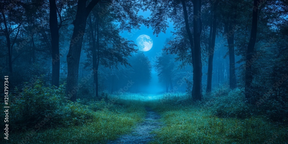 Fototapeta premium Mysterious Pathway Through a Forest at Night