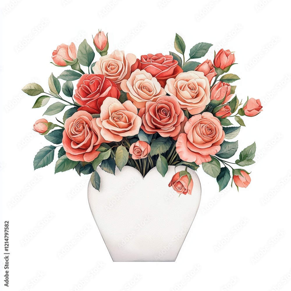 Fototapeta premium A beautiful bouquet of roses in soft pink and peach hues, elegantly arranged in a white vase, perfect for decoration or as a gift.