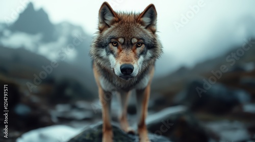 A captivating wolf standing confidently against a misty mountainous backdrop, symbolizing strength, unity, and the untamed spirit of nature's wild creatures. photo