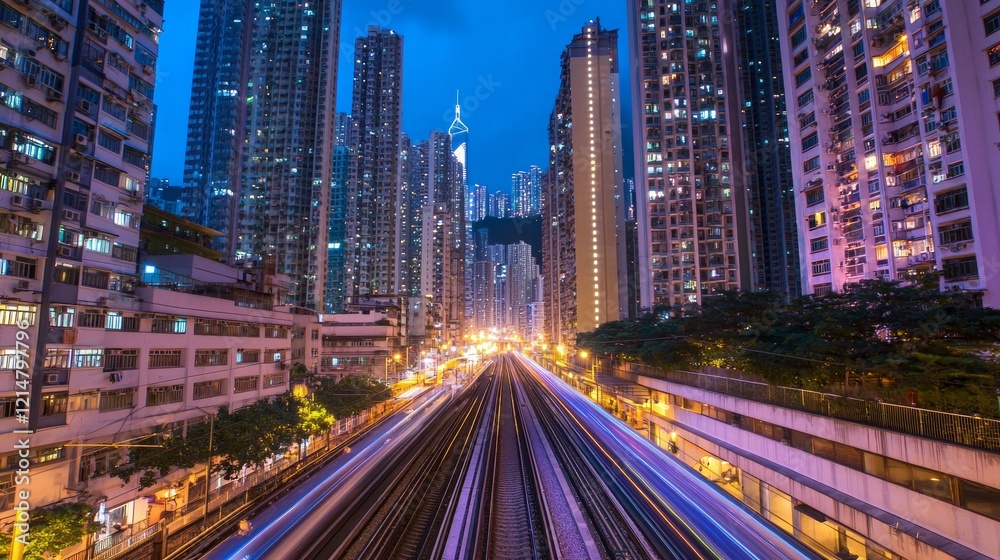 Obraz premium Urban Nightlife: Glowing Apartment Towers and Elevated Subway Line in Cinematic Cityscape with Detailed Lights