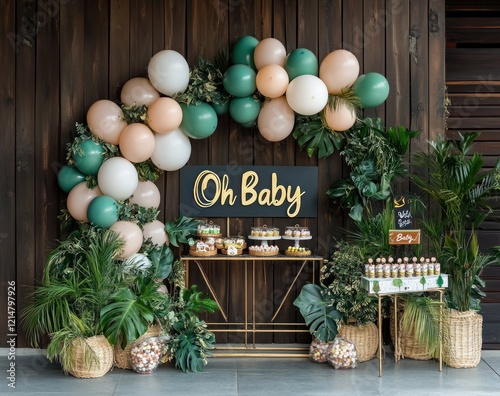 Baby shower decoration with balloons and plants indoor party celebration decoration