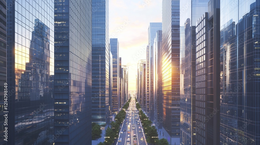 Obraz premium Urban Metropolis - Dynamic Cityscape with Glistening Traffic, Cinematic Urban Canyon of Tall Buildings, Ultra-Detailed City Life Experience