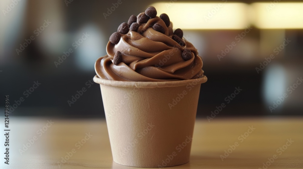 Chocolate frozen yogurt in paper cup, top view. Frozen tasty dessert, cacao, chocolate candies on white background, top view image. Chocolate frozen yogurt in paper cup, top view. Frozen tasty dessert, cacao, chocolate candies on white background, top view image.