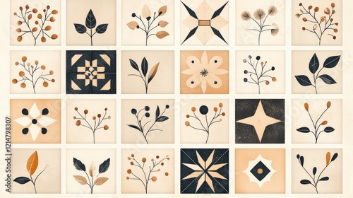 A beautiful collage of stylized floral patterns in earthy tones, showcasing leaves, flowers, and geometric shapes for modern decor inspiration.