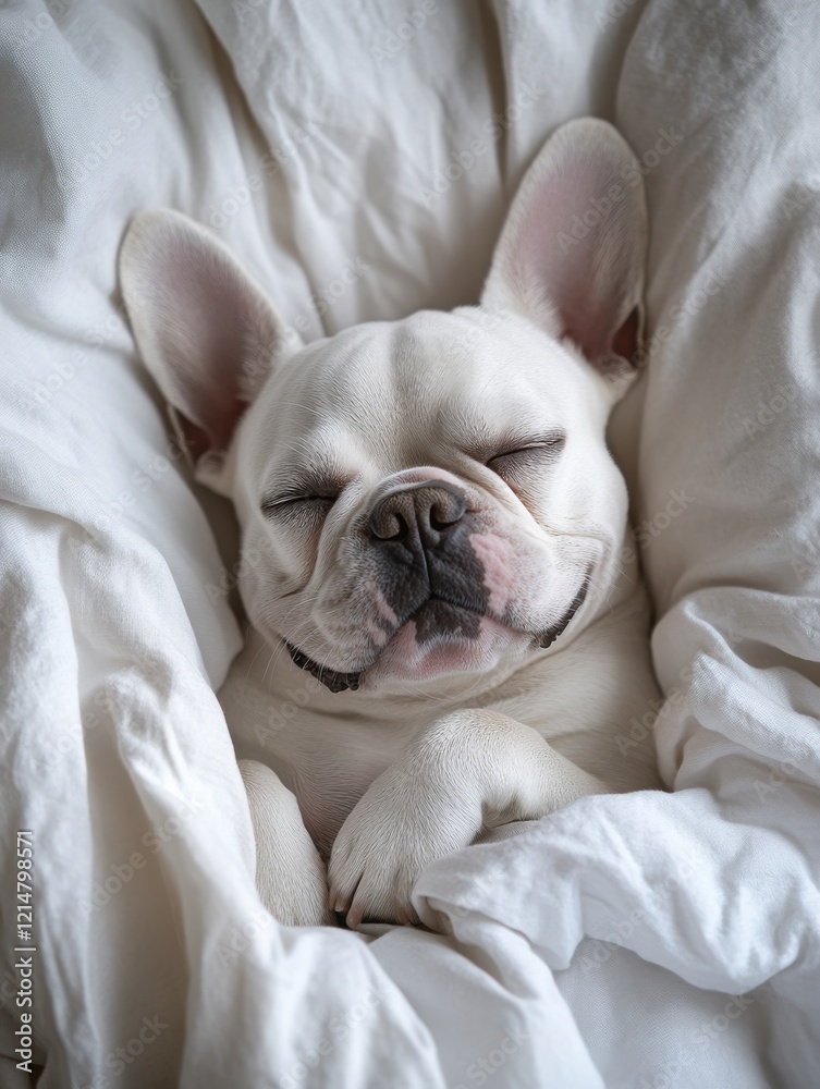 Peaceful French Bulldog Puppy Sleeping Comfortably on White Bedding, Adorable Pet Portrait for Cozy and Sweet Home Atmosphere Peaceful French Bulldog Puppy Sleeping Comfortably on White Bedding, Adorable Pet Portrait for Cozy and Sweet Home Atmosphere