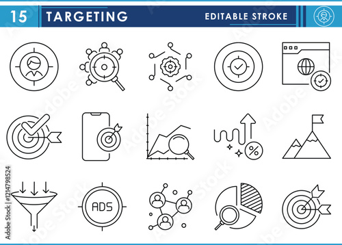 A set of line icons related to Targeting. Target, goal, mindset, job, observation, graph, filter, crosshair, achievement, advertising, and so on. Vector editable stroke.