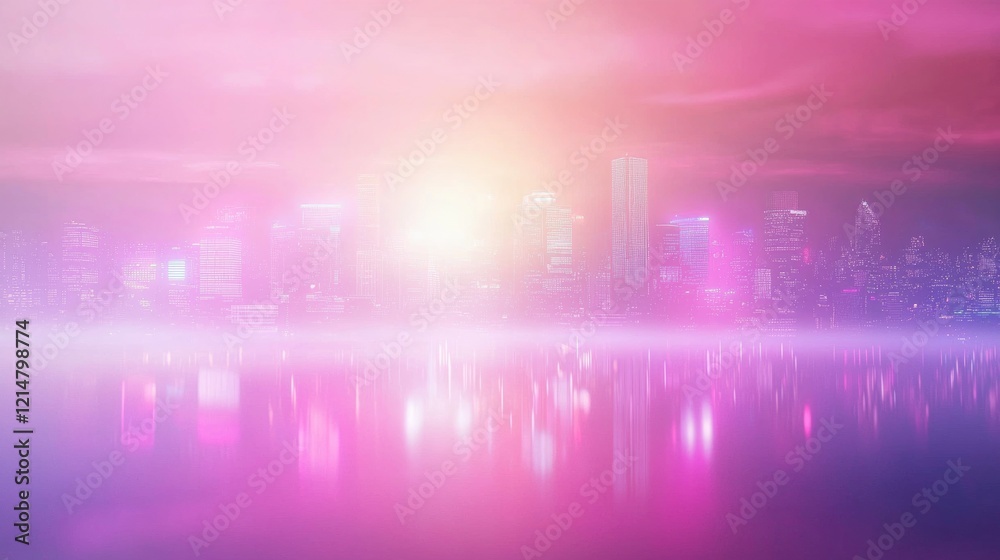 Fototapeta premium Midnight Neon Cityscape with Reflective Surfaces in Cinematic Pink and Orange Hues
