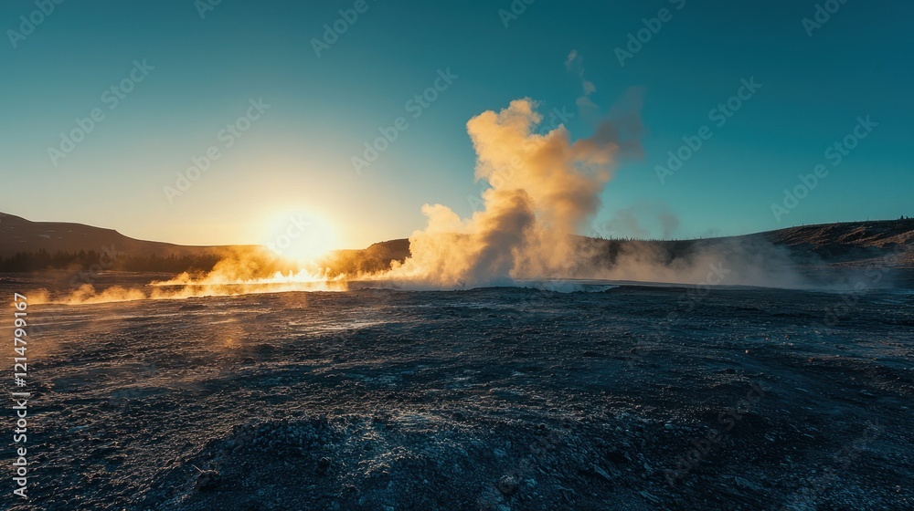 Fototapeta premium A dramatic geyser eruption against a clear blue sky in a national park