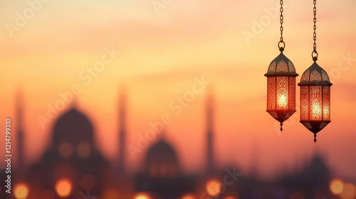 Illuminated Lanterns Hanging at Sunset Over Mosque photo