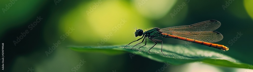 A vibrant dragonfly perched delicately on a green leaf. A vibrant dragonfly perched delicately on a green leaf.