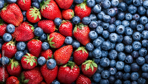 Delicious and fresh strawberries and blueberries as a background wallpaper 