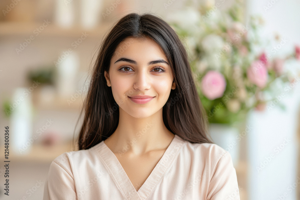 young indian woman standing at beauty salon reception desk young indian woman standing at beauty salon reception desk