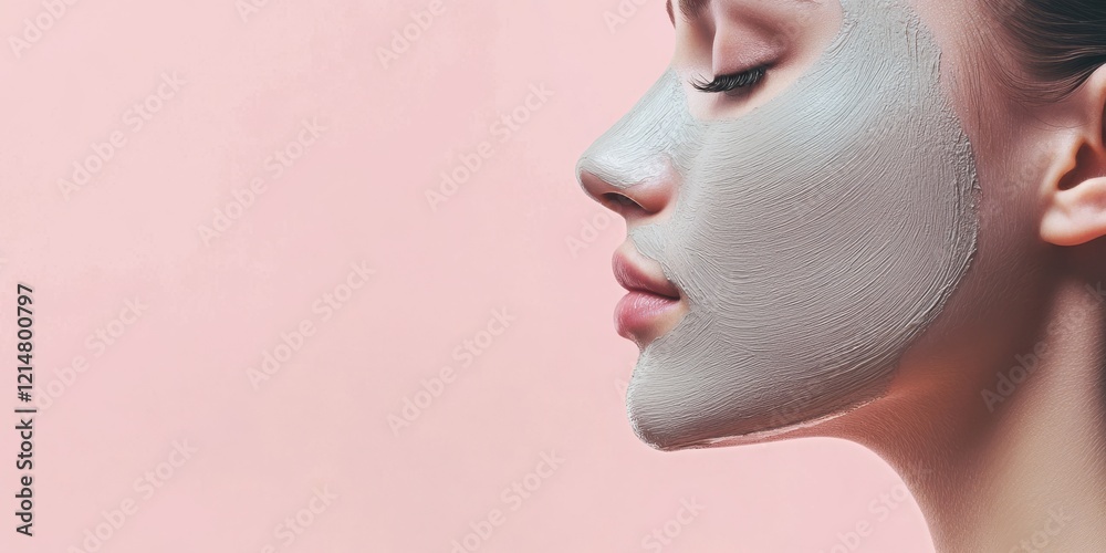 Profile of woman with rejuvenating clay face mask against soft pink backdrop Profile of woman with rejuvenating clay face mask against soft pink backdrop