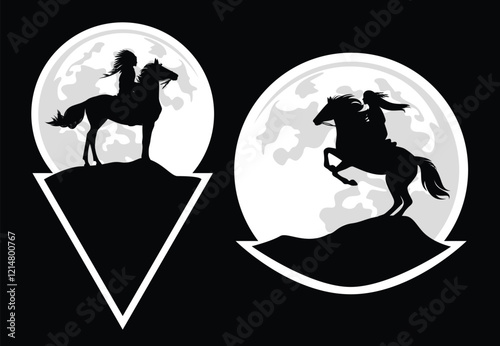 native american man and woman riding rearing up horse against full moon - spirit freedom symbol black and white vector silhouette sticker design set