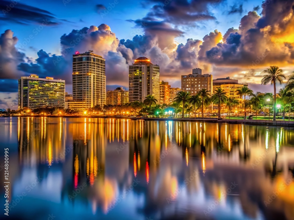 Fototapeta premium West Palm Beach Night Photography: Illuminated Cityscape at Dusk