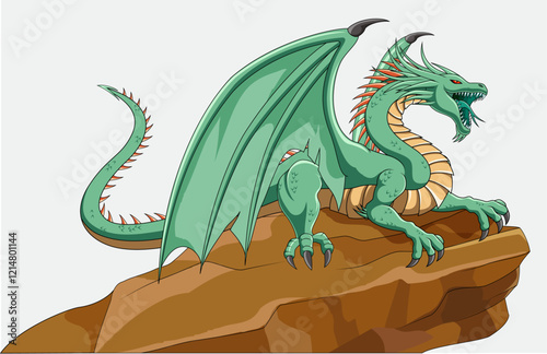 Dragon on the rock isolated on a white background. Vector illustration.