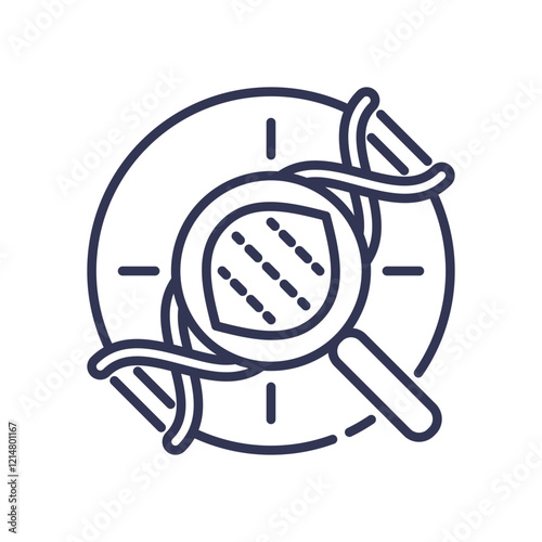 Magnifying glass over DNA strand, symbolizing analysis and understanding of genetic structure.