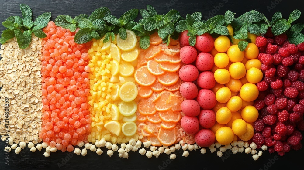 Creative Flat Lay of the Five Food Groups with Colorful Fruits Creative Flat Lay of the Five Food Groups with Colorful Fruits