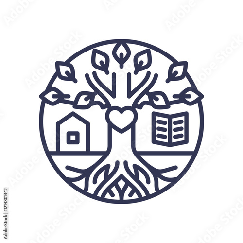 A tree with roots, a house, and a book symbolizes generational continuity and knowledge transfer.