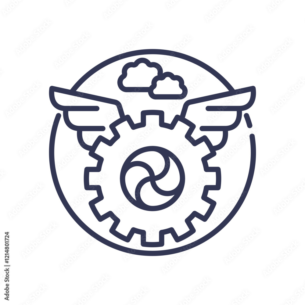 Gear with wings and clouds symbolizes innovation in mechanical flight systems. Gear with wings and clouds symbolizes innovation in mechanical flight systems.