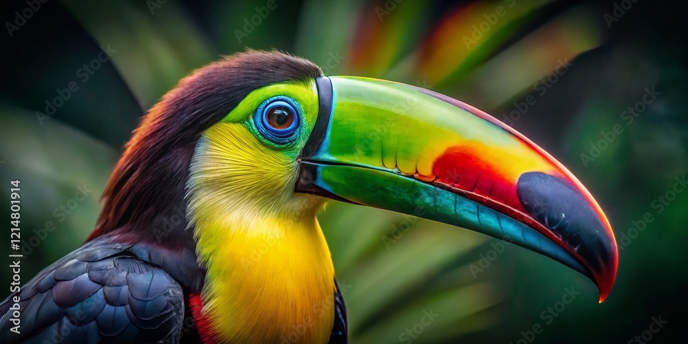 Fototapeta premium Close-up Left Profile Portrait of a Vibrant Keel-billed Toucan in Low Light, Costa Rica