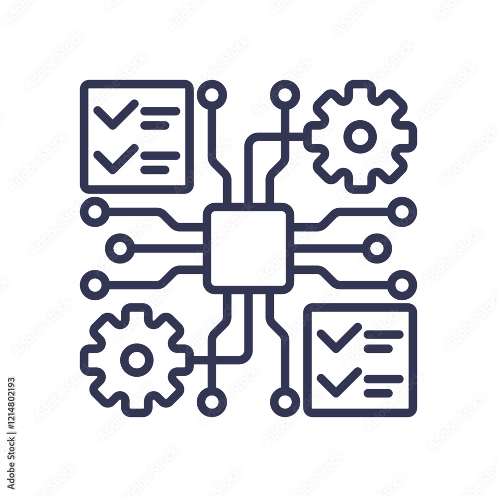 Diagram showing interconnected gears and checklists, symbolizing ALM processes. Diagram showing interconnected gears and checklists, symbolizing ALM processes.