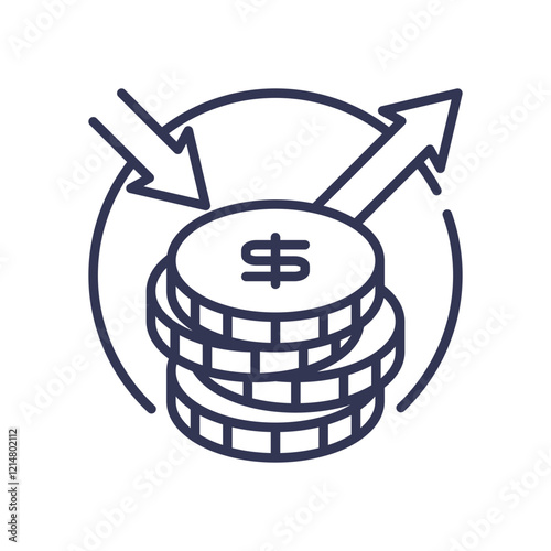 Stacked coins with arrows symbolize financial growth and investment.