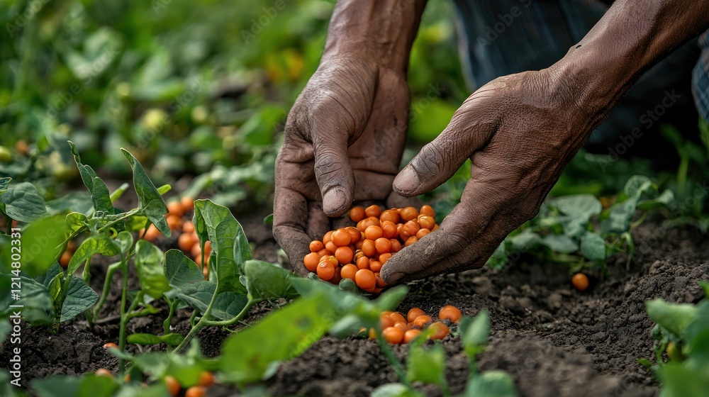 Fototapeta premium A farmerâ€™s hands picking ripe vegetables, such as tomatoes and beans, from the garden
