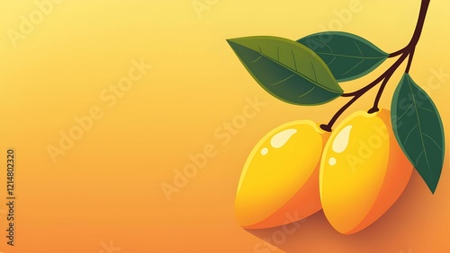 Stylized illustration of two ripe mangoes hanging on a branch with green leaves. yellow background with copy space. Ideal for tropical fruit themes, food illustrations. clean and modern style