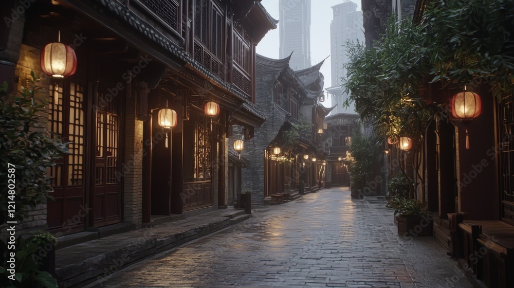 Fototapeta premium Tranquil Fusion of Old and New: Lantern-lit Cobblestone Streets with a Glimpse of Modern Skyscrapers in Soft Glow | Ultra-Detailed Image