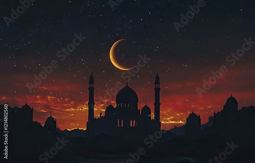 A mosque silhouette against the night sky with stars and crescent moon, Ramadan background. Mosque silhouette, vector illustration design for an Islamic holiday banner or greeting card template.  photo