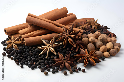 Wallpaper Mural Assortment of Aromatic Spices: Cinnamon Sticks, Star Anise, Allspice Berries, and Black Peppercorns on White Background Torontodigital.ca