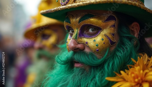 Carnival festival reveler in colorful mask and costume. Concept of celebration, fun, and tradition. photo